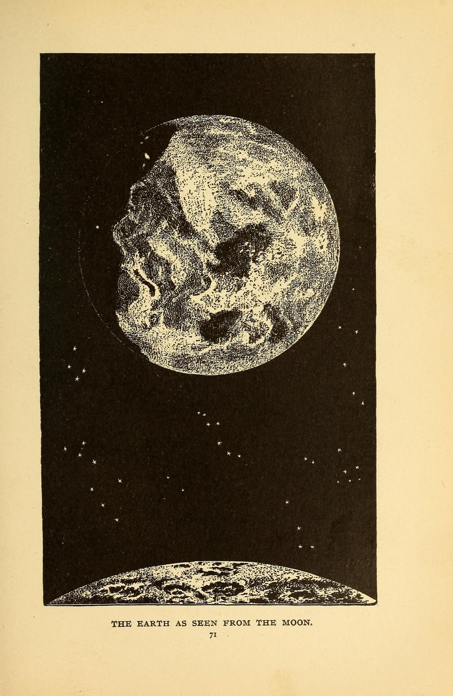 Grabado a página completa de 1898: la Tierra iluminada vista desde un paisaje rocoso de la Luna.