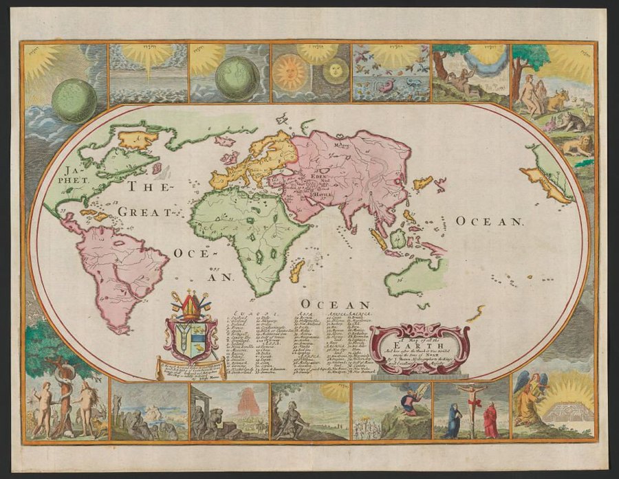 Mapa impreso de 1711 con los dos hemisferios; California figura dibujada como una isla.