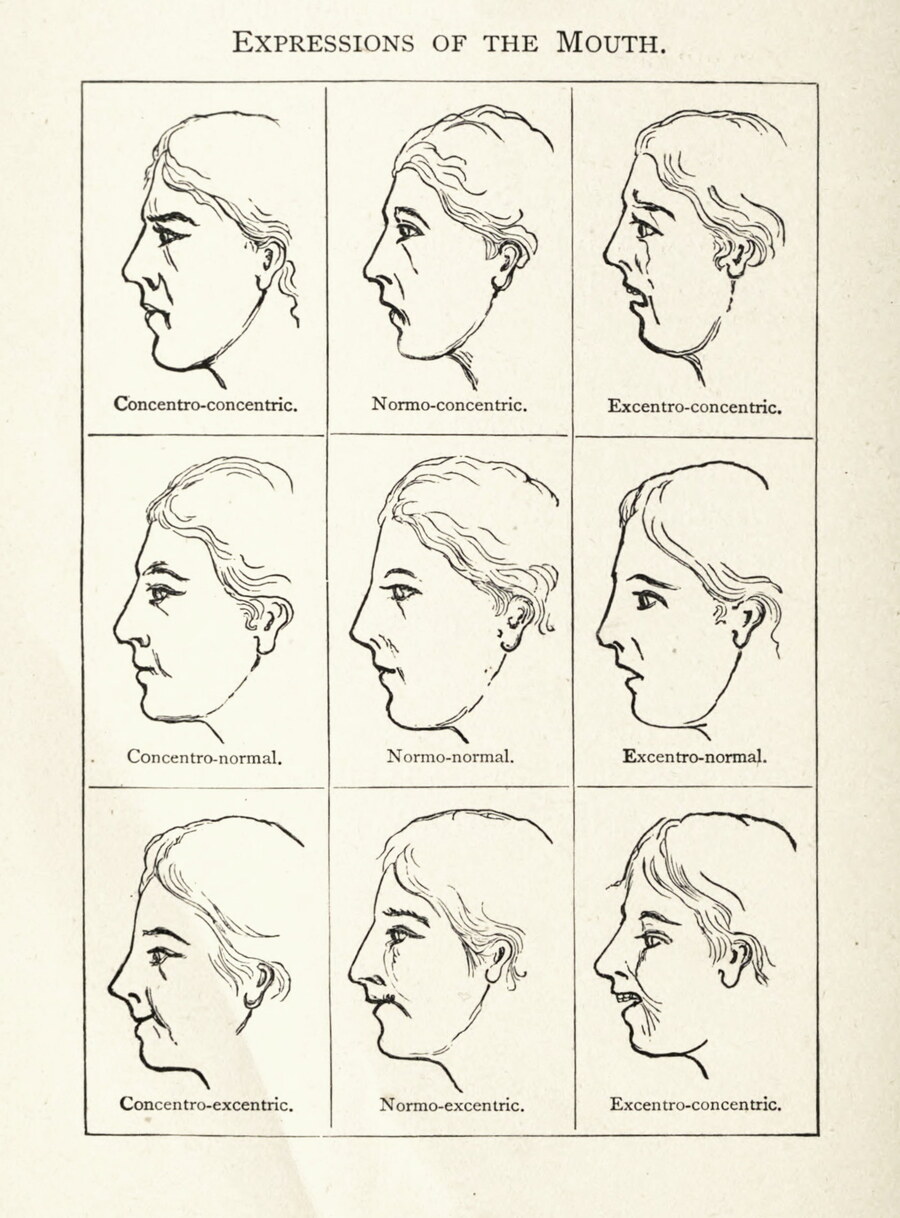 Lámina de 1886 con nueve perfiles humanos que clasifican expresiones de la boca, cada uno rotulado.